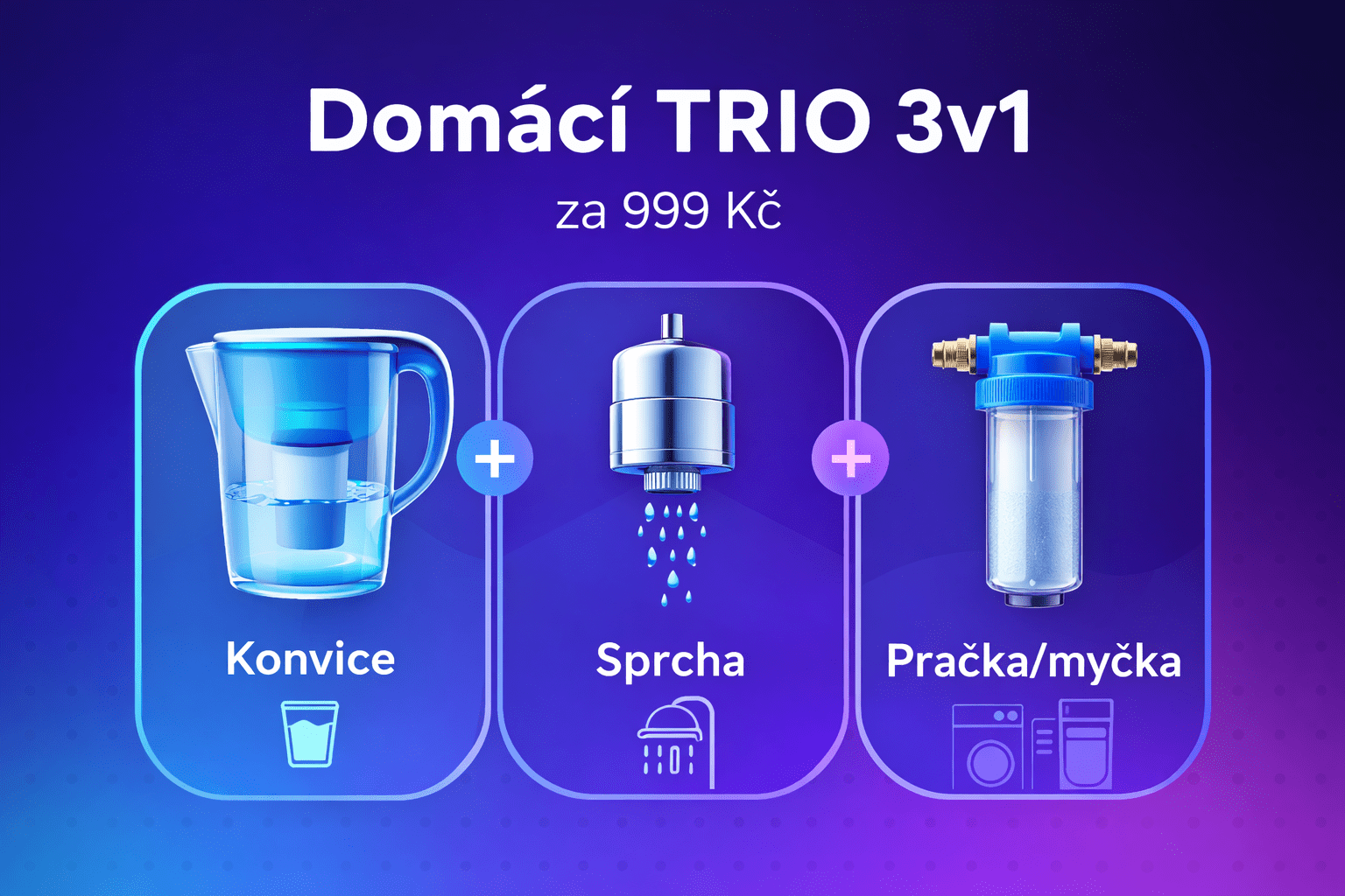 Domácí TRIO 3v1 – konvice, sprchový filtr a filtr pro spotřebiče